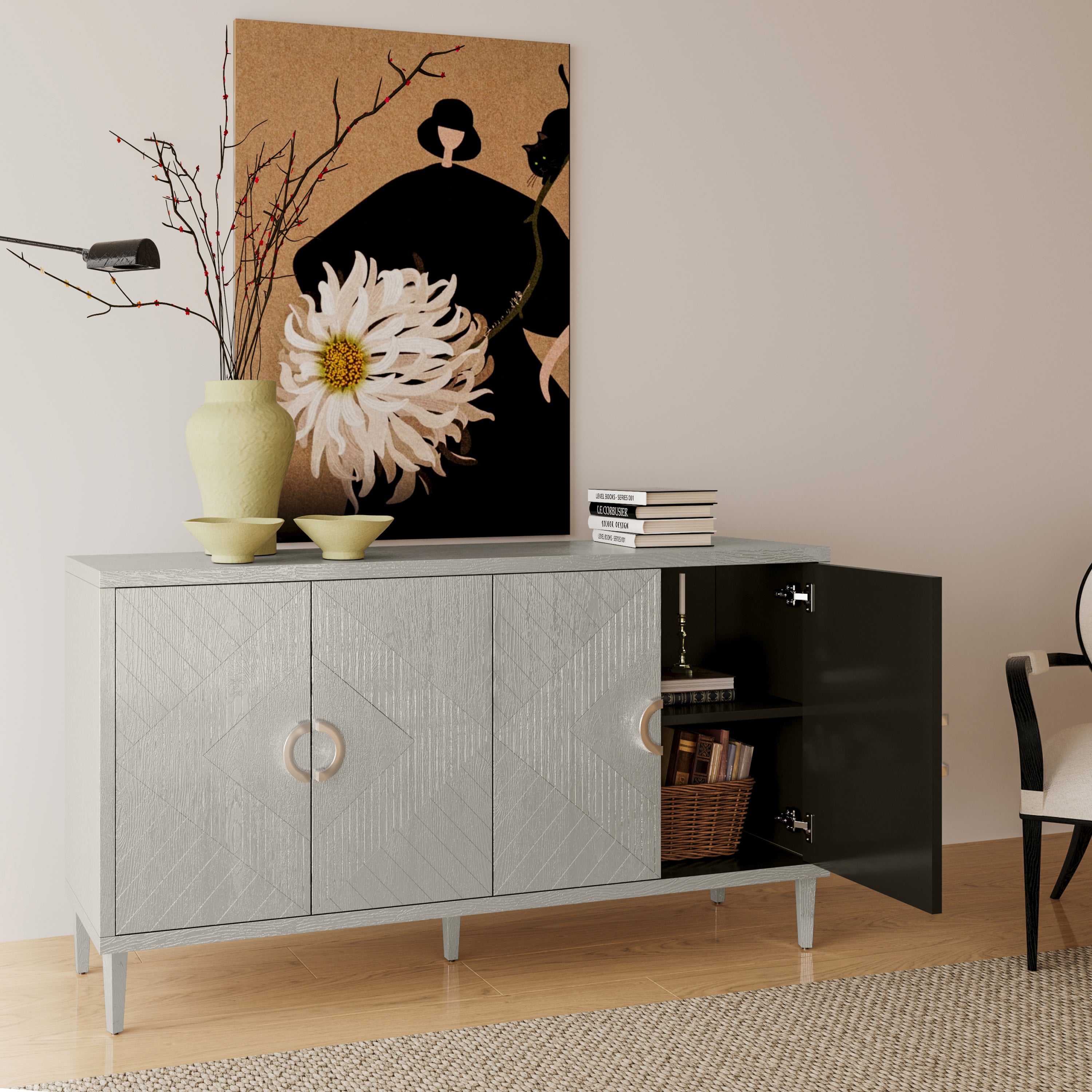 Champagne storage cabinet sculpted door panels — angle view