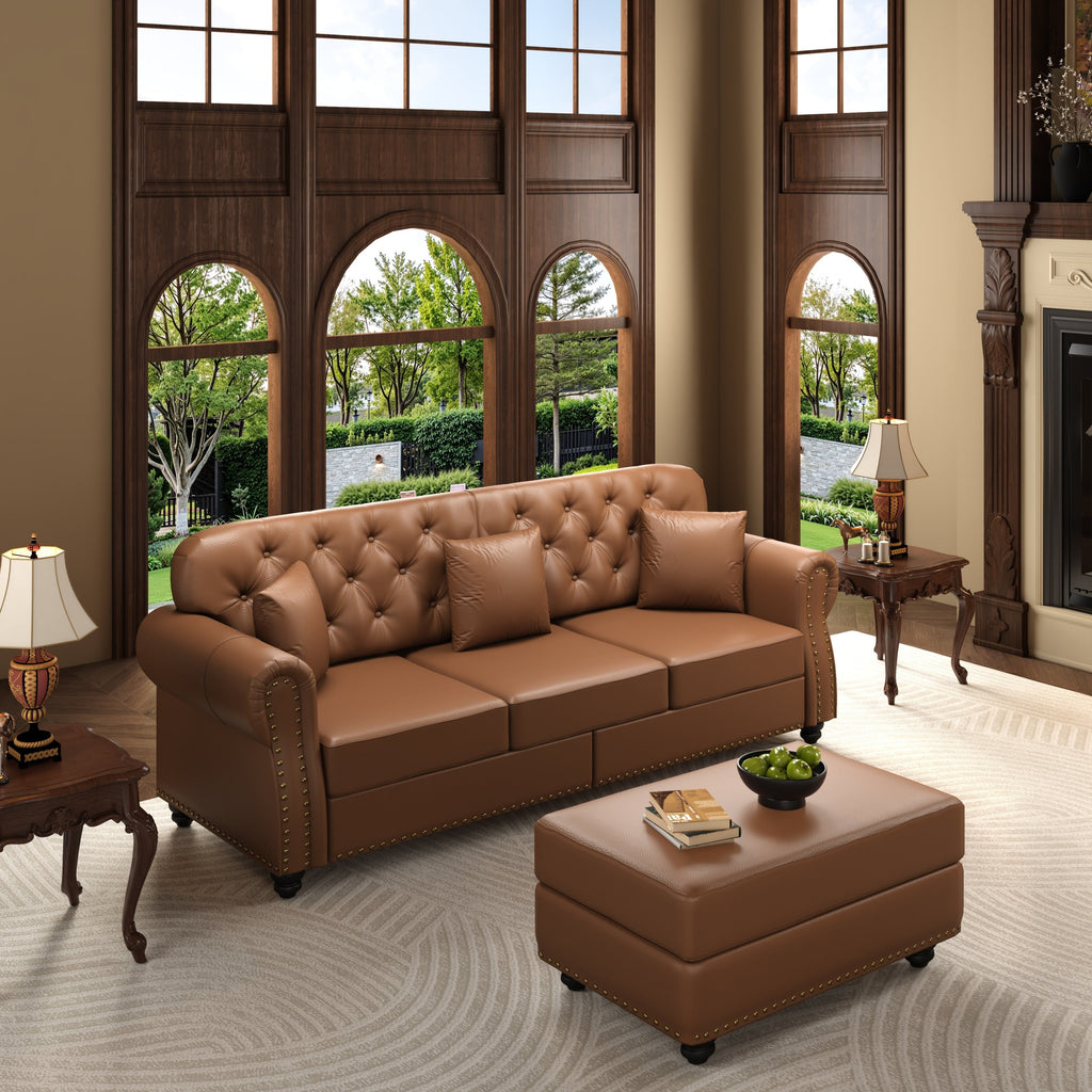 82.6'Upholstered Faux Leather Sofa with Nailhead Trim and Rolled Armrests,Mid-Century Modern Chesterfield Sofa with Button Tufted,Includes 3 Pillows,Black