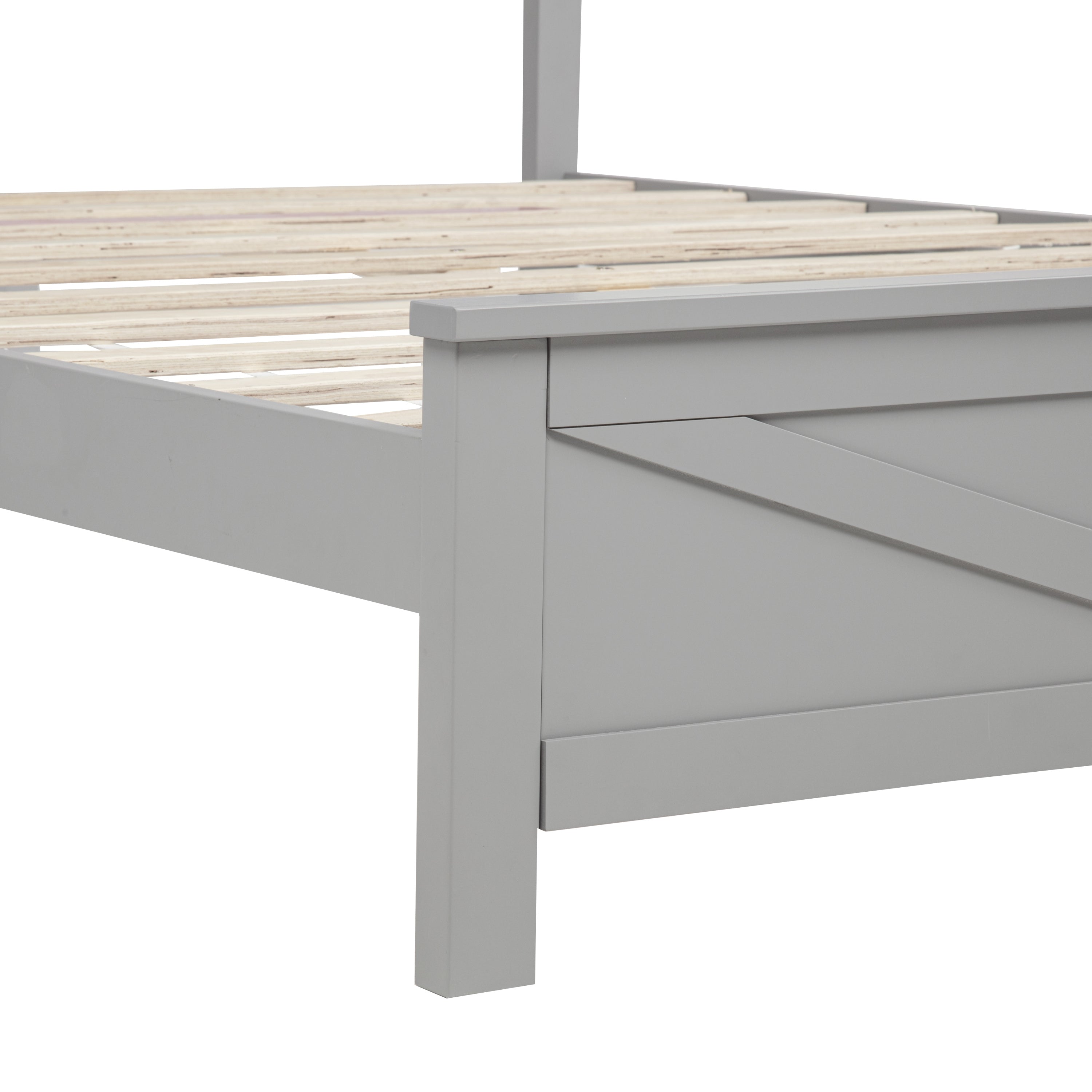 Farmhouse Style Queen Size Bed with Barn Door Designed Headboard and Footboard, Pinewood Bed with Strengthened Bed Frame ,White