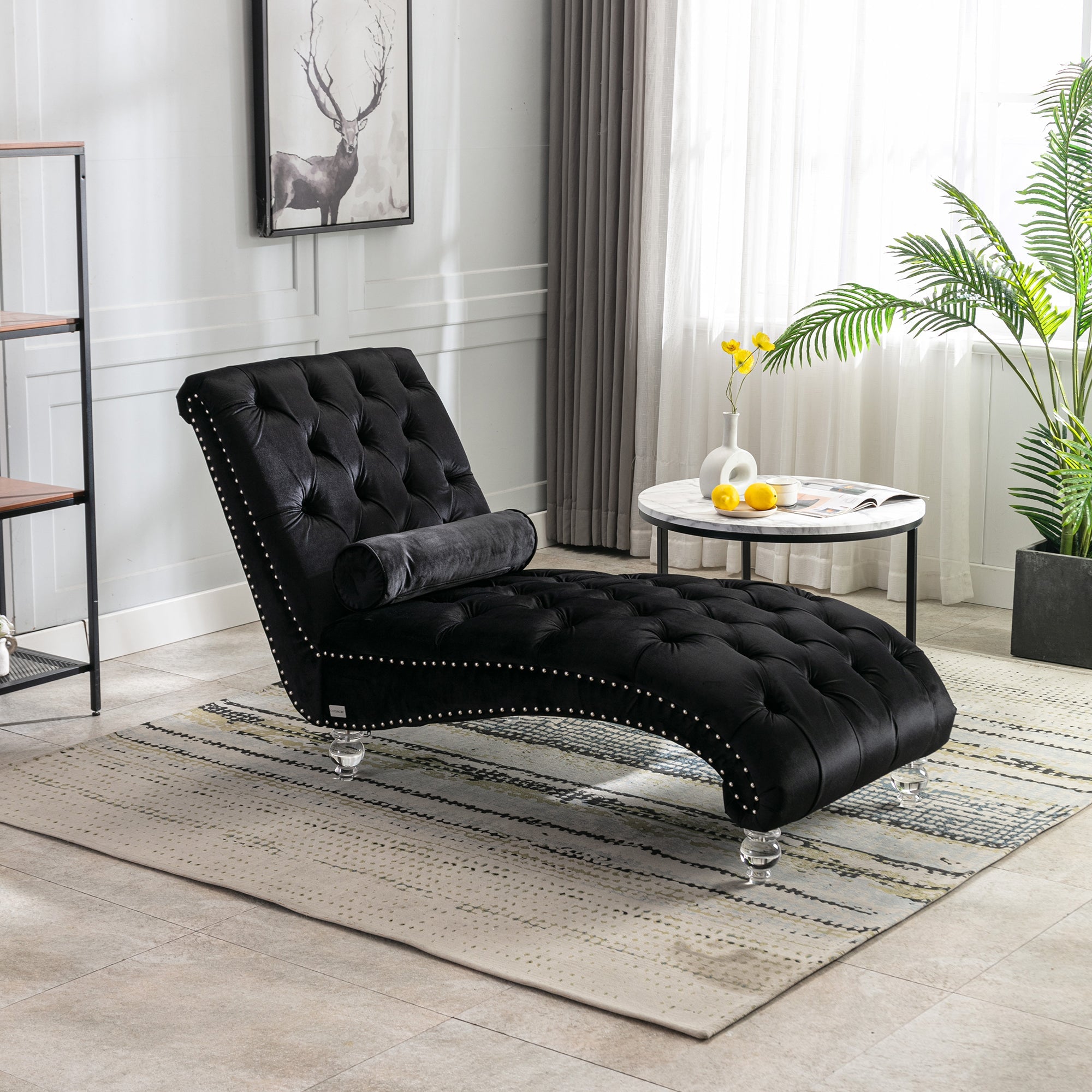 Velvet Chaise Lounge — Button-Tufted with Pillow
