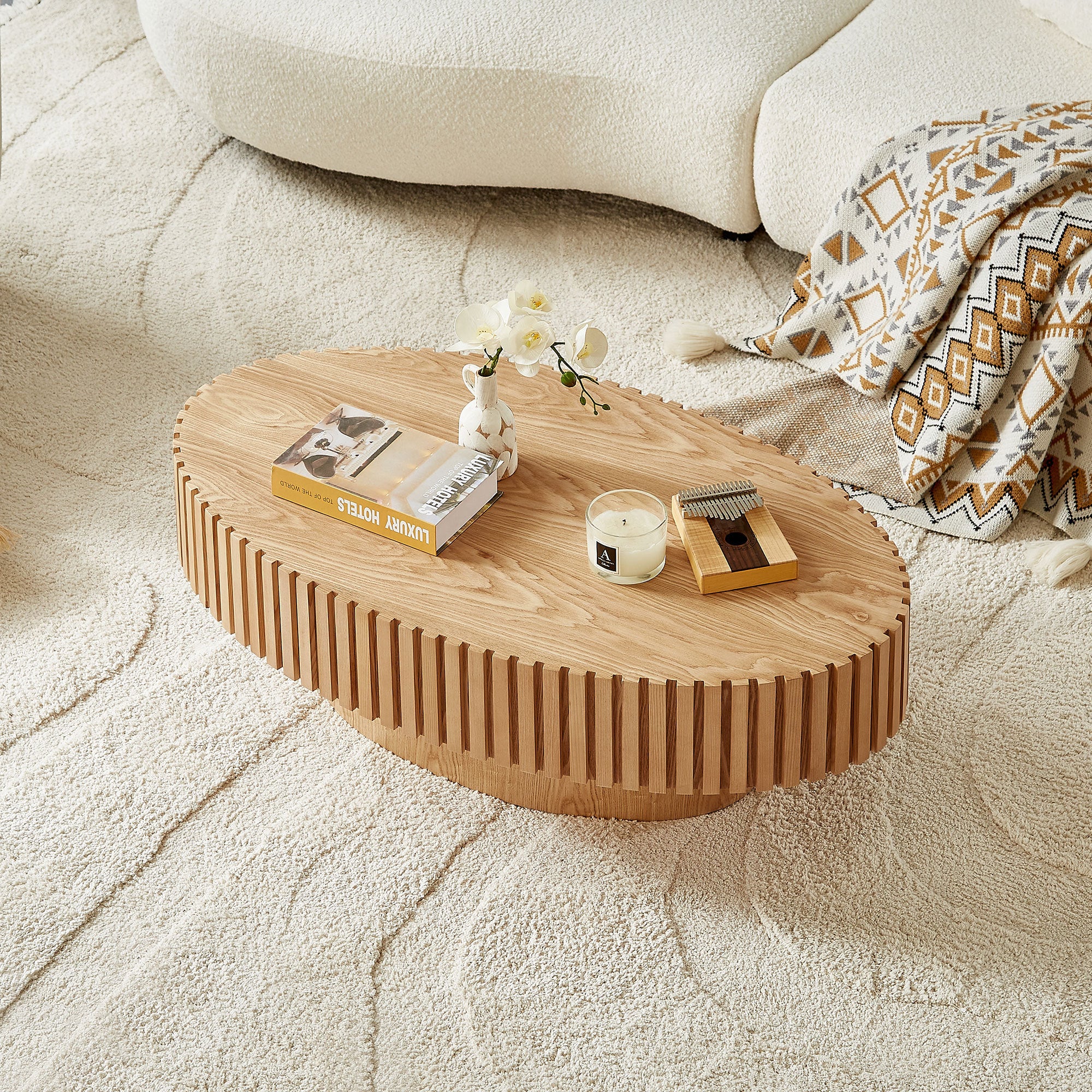 Modern pedestal coffee table full room view