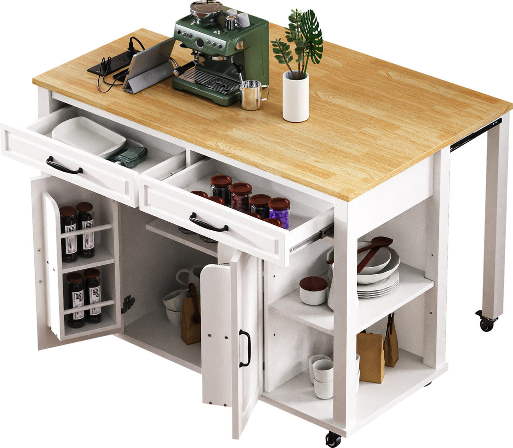 K&K 47 inch Kitchen Island with Extendable Dining Table, Rubber Wood Veneer Kitchen Table with Internal Storage Rack, Power Outlet, Kitchen island with Storage 2 Drawers 2 Cabinet, Black