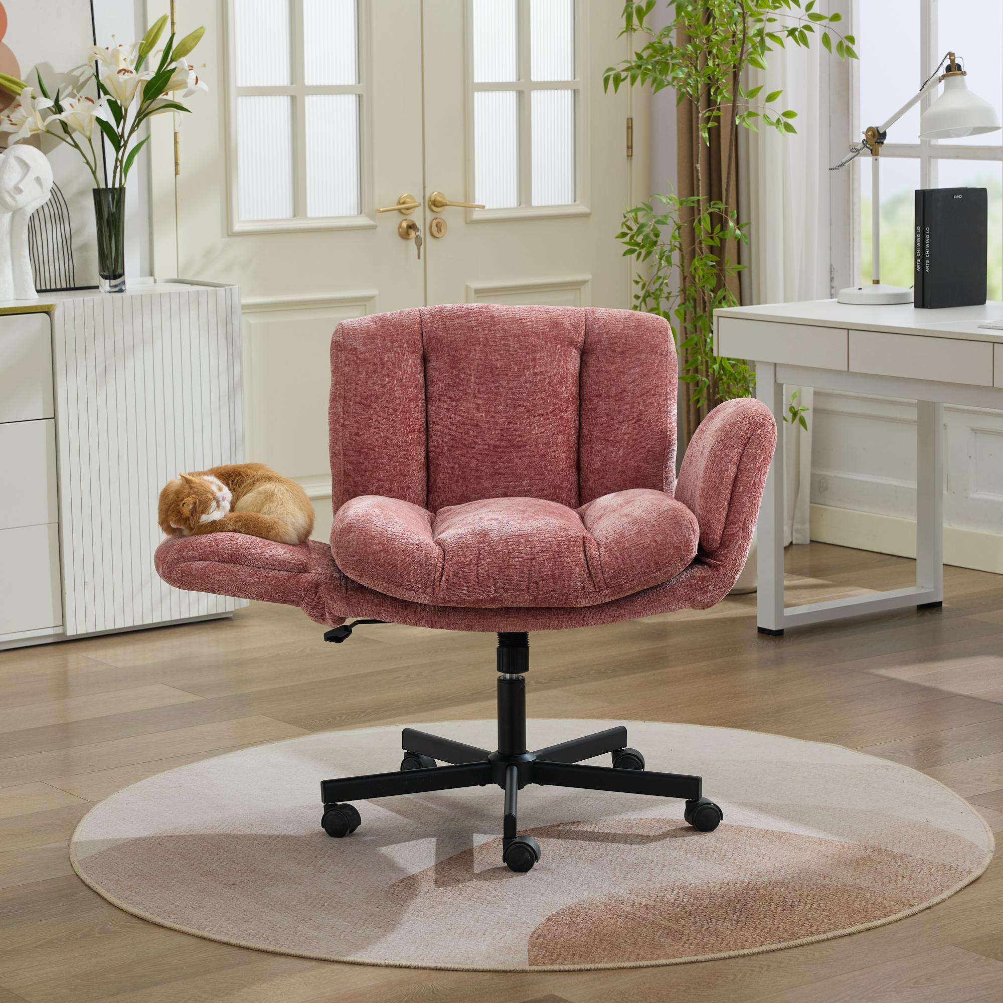 Modern Chenille Swivel Office Chair, Height Adjustable Task Chair with Convertible Multi-Position Armrests, Comfy Double Cushioned Desk Chair for Home, Study,Vanity & Living Room, Blush Pink,SW5028PK