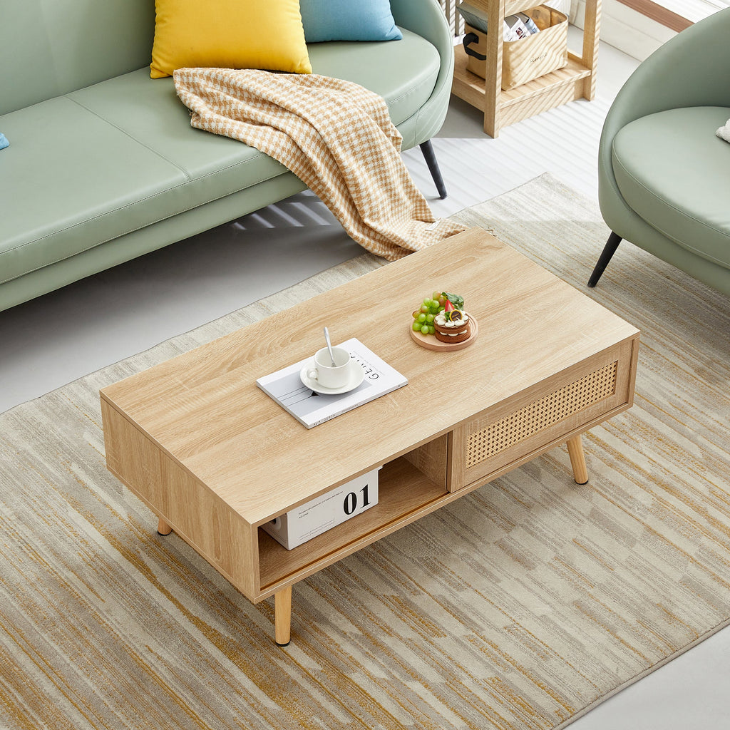 Rattan Coffee Table — Sliding Door Storage & Solid Wood Legs