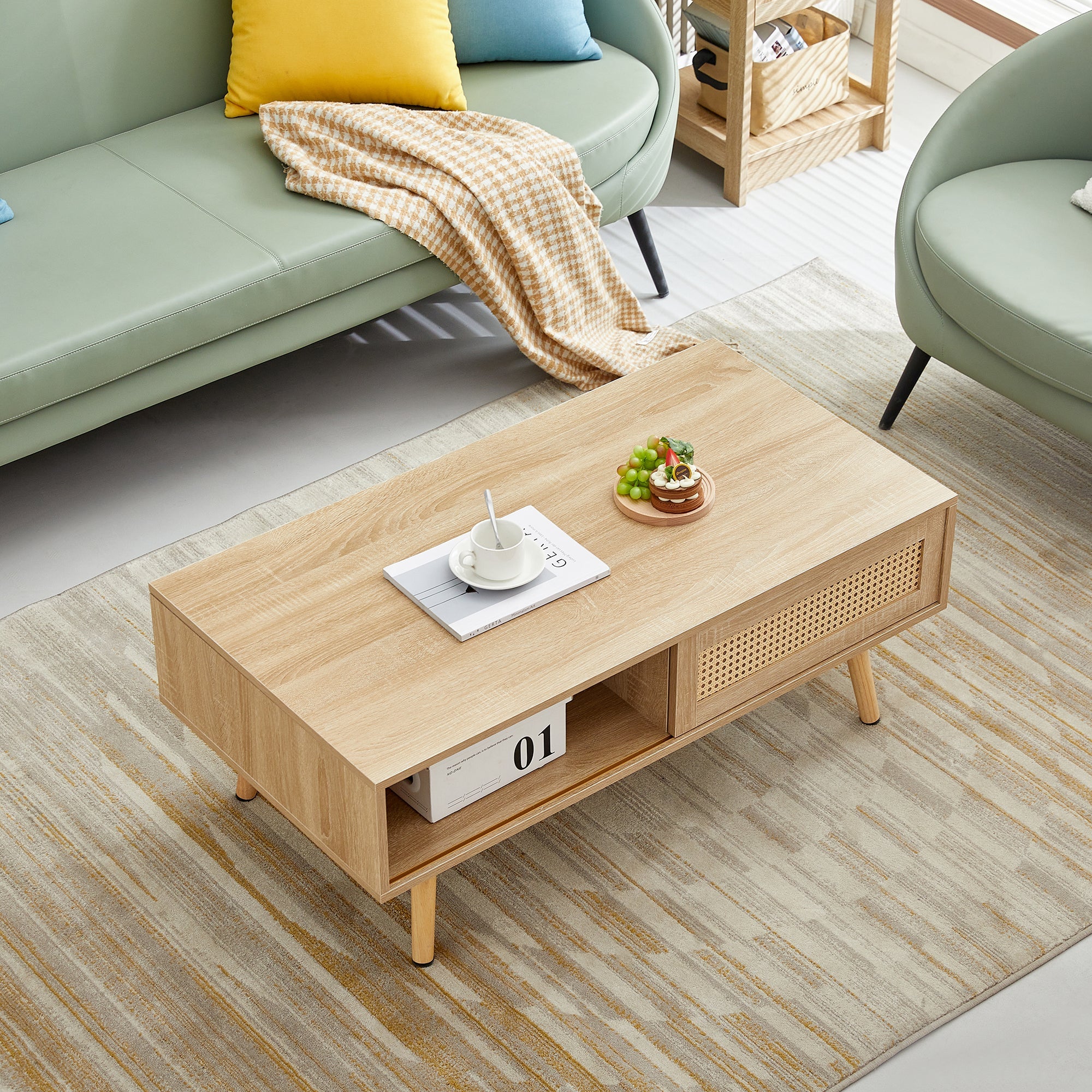 Rattan Coffee Table — Sliding Door Storage & Solid Wood Legs