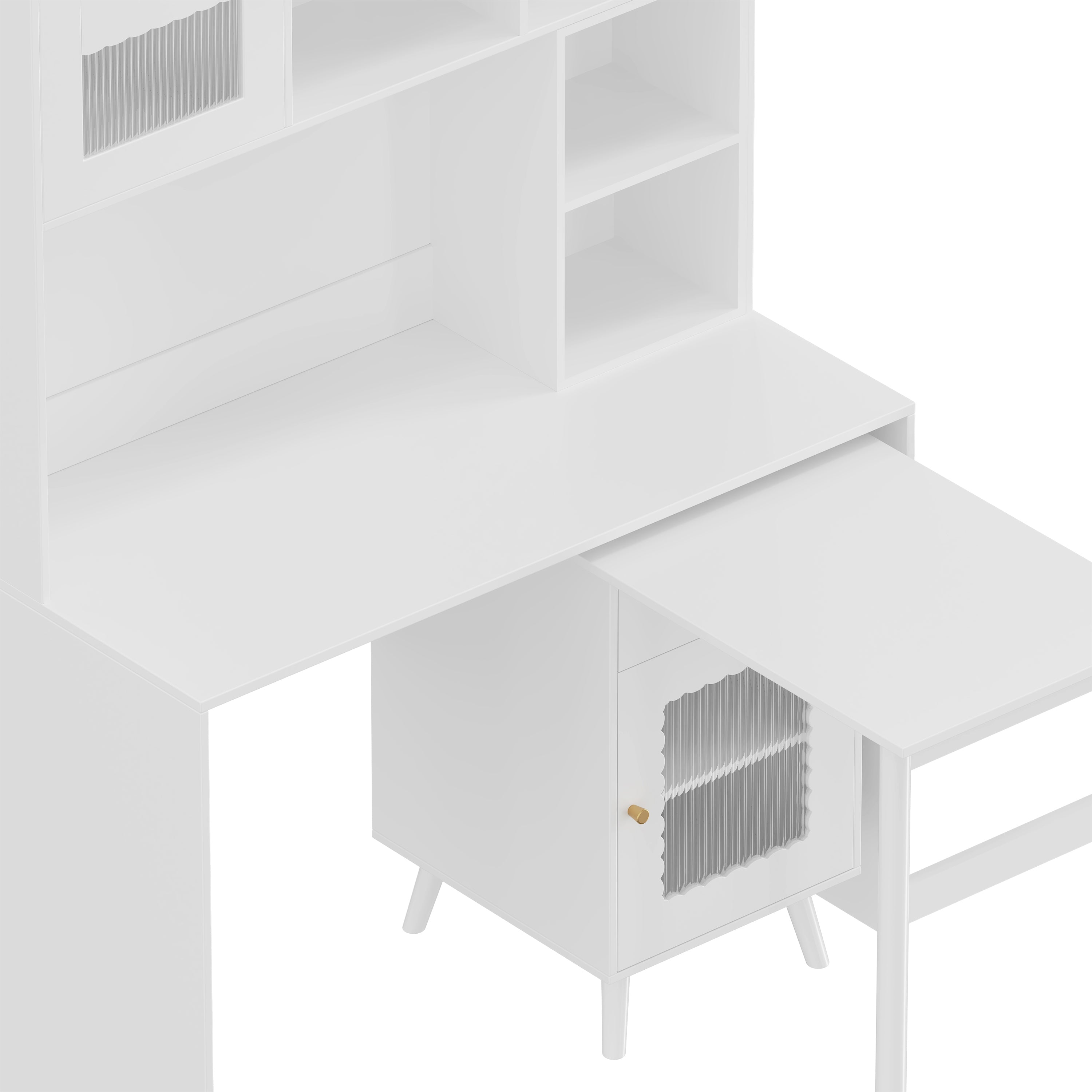 Office desk glass cabinet doors and drawer handle detail