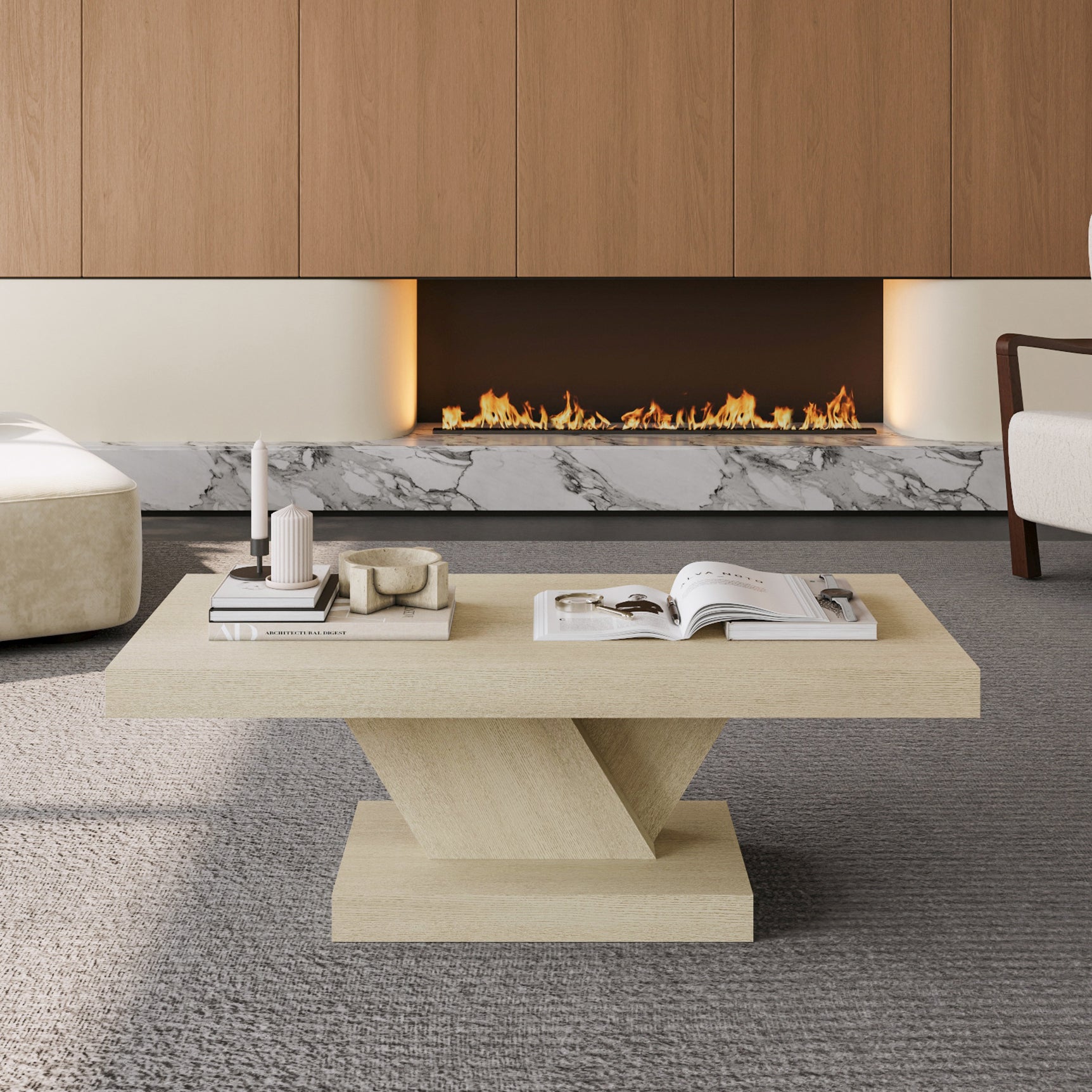 Modern cross leg coffee table geometric base detail