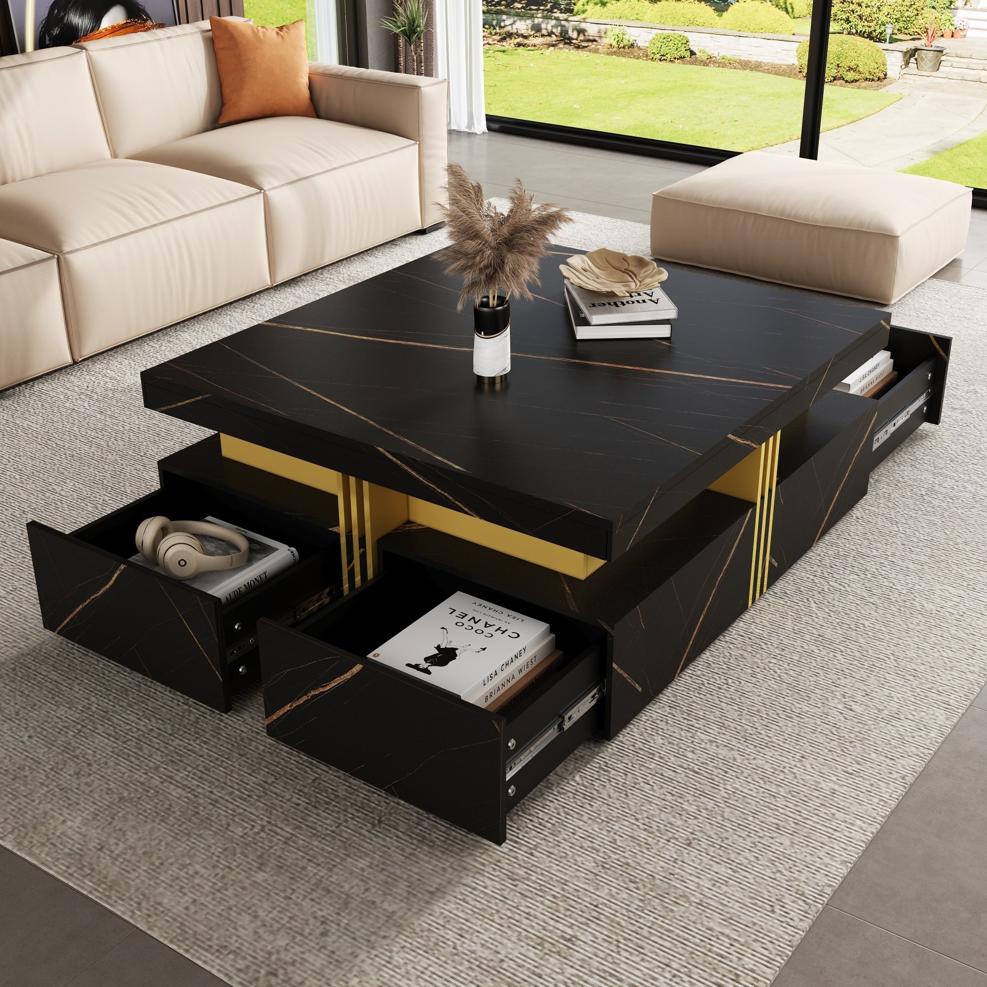 Black square storage coffee table four drawers — front view