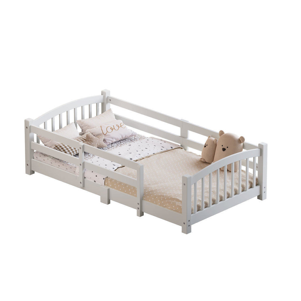 Twin Montessori Floor Bed with Slats and Safety Guardrails, Solid Wood Floor Bed with Fence and Without Door, Easy Assemble Montessori Bed for Girls and Boys, Gray
