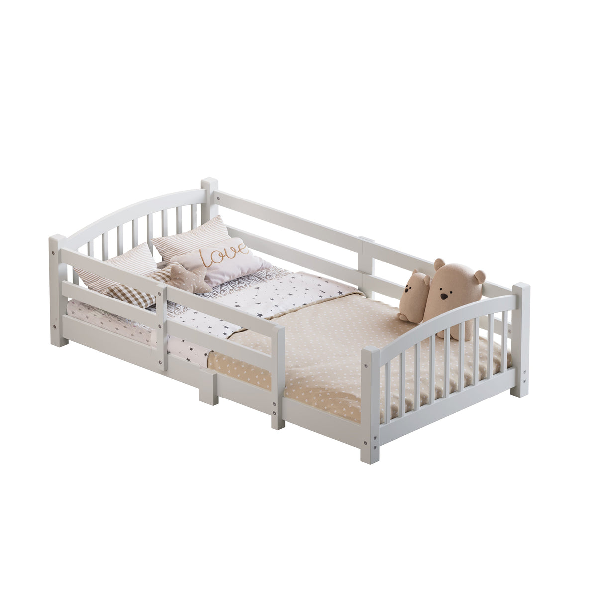 Twin Montessori Floor Bed with Slats and Safety Guardrails, Solid Wood Floor Bed with Fence and Without Door, Easy Assemble Montessori Bed for Girls and Boys, Gray