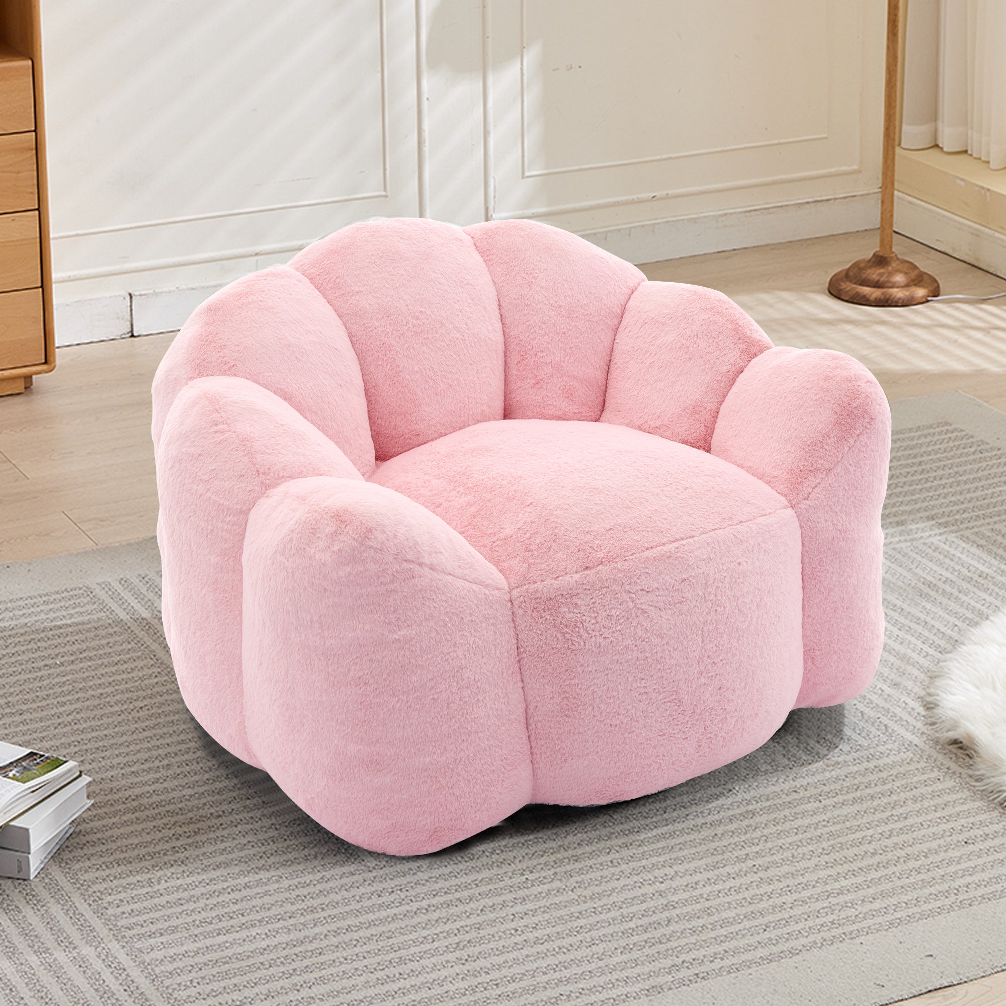 Faux Fur Lotus Compression Bean Bag Floor Chair — Pull Ring, 43.7" Wide