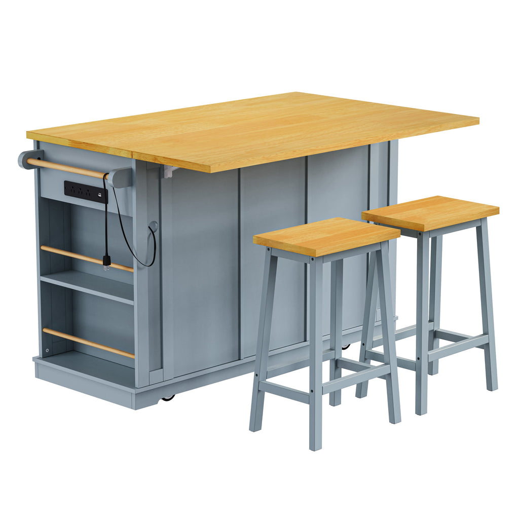 K&K 53inch Large Kitchen Island with 2 Bar Stools, Power Outlet,Door Internal Storage Rack, Kitchen Storage Cart on 5 Wheels with Drop Leaf, 5 Open Side Racks, 3 Drawers,Black (Three Packages)