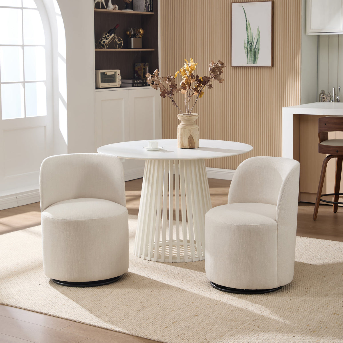Set Of 1 Upholstered Kitchen & Dining Room Barrel Chair, Mid Century Modern Round Linen Dining Chair, 360 Degree Swivel Comfy Armless Accent Makeup Vanity Side Chair for Bedroom Living Room