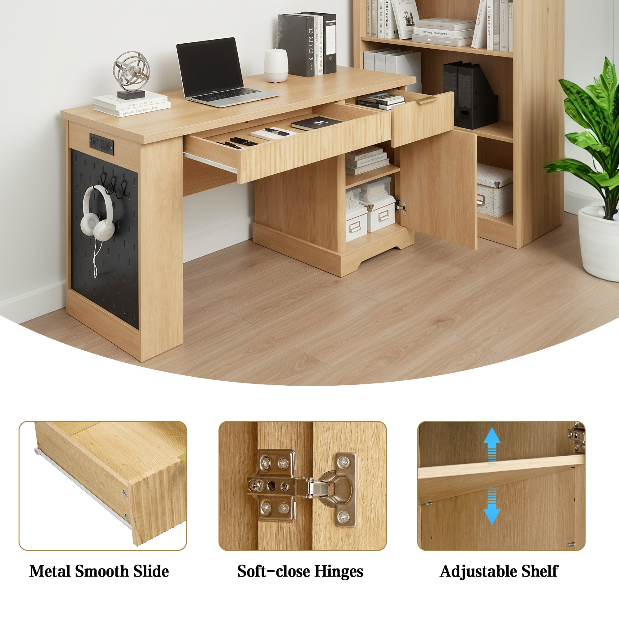 Fluted Office Desk with Pegboard, Charging Station, Keyboard Tray & Storage — 55-Inch