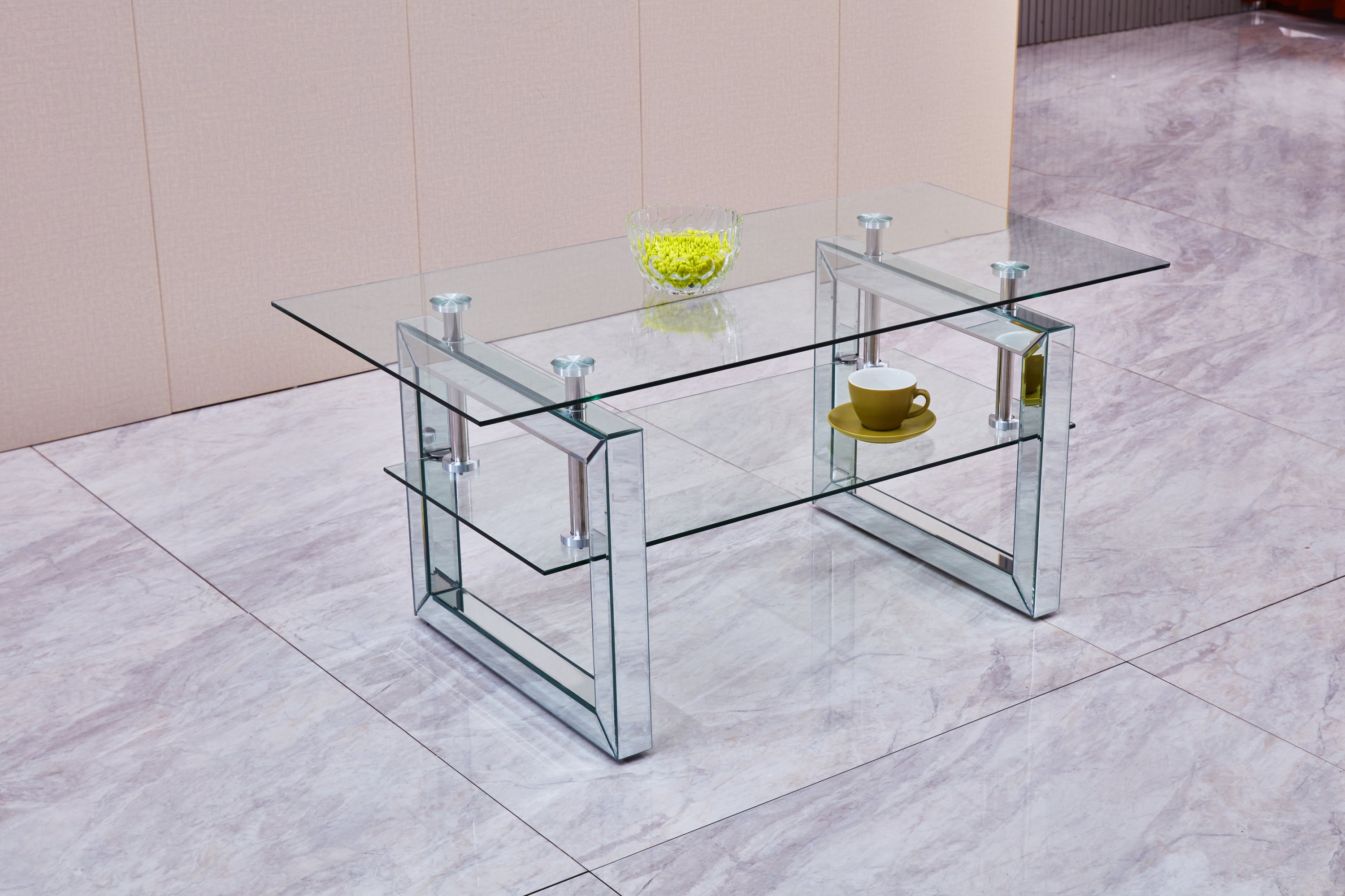 Modern glass top coffee table two-tier storage product photo