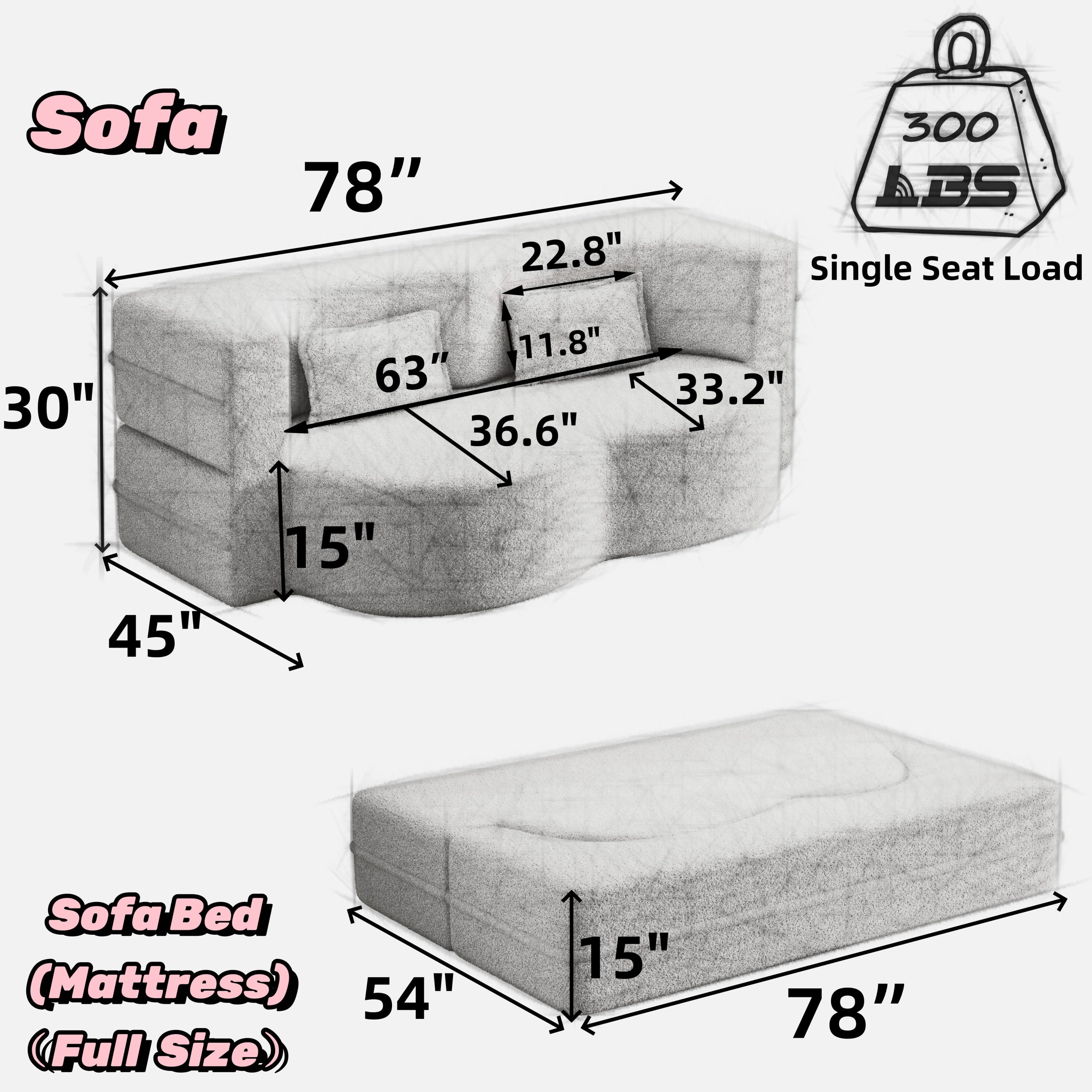 Sherpa Fleece Foldable Floor Sofa Bed — 3-in-1 Full Size, 78" Wide