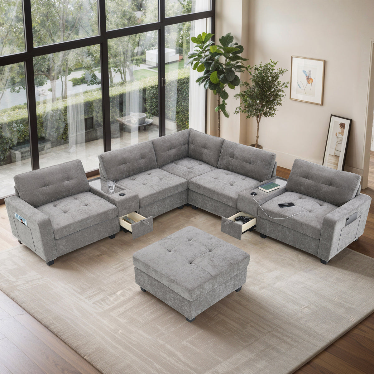 [NEW SKU of N723S0191E]104'' Sectional Sofa with Movable Ottoman, L-shaped Tufted Sofa with Storage Consoles, USB Charger, Acrylic Table Top, U-shaped Chenille Couch Set for Living Room