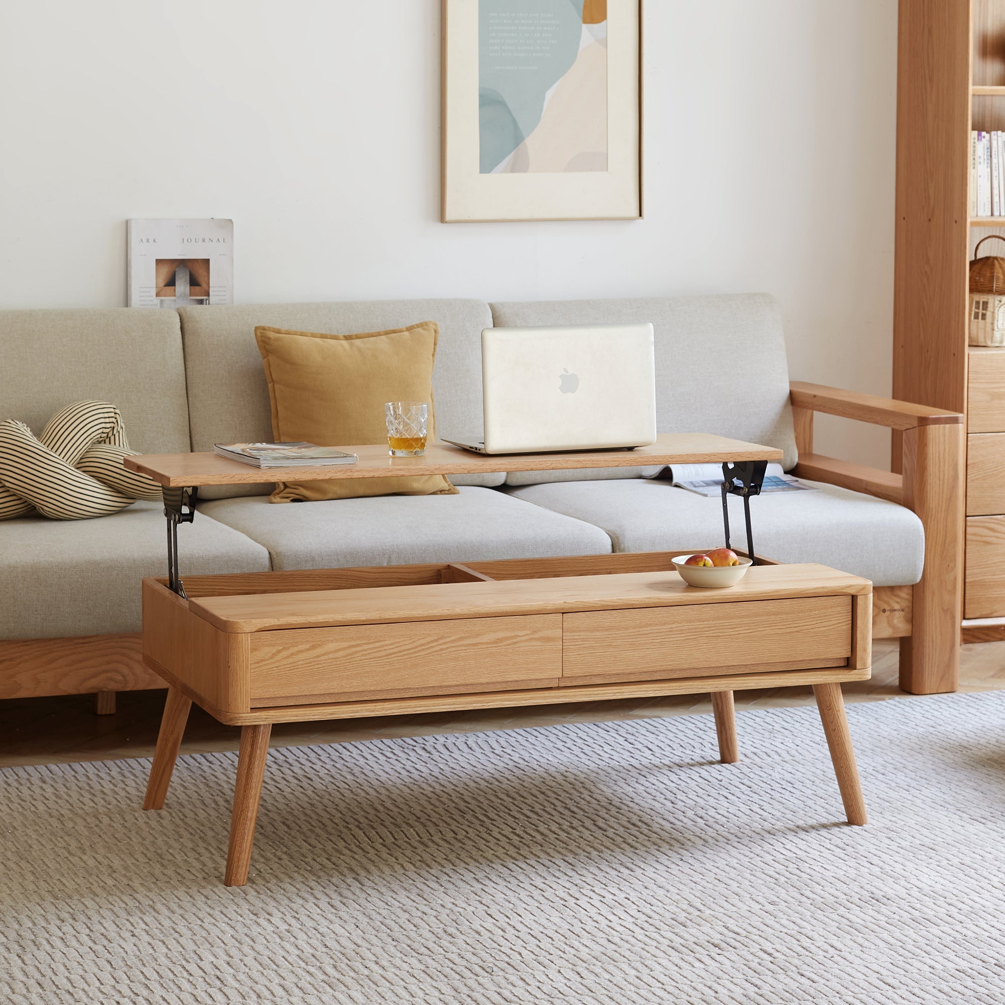 Solid Oak Lift-Top Coffee Table with Hidden Storage — 47" Wide