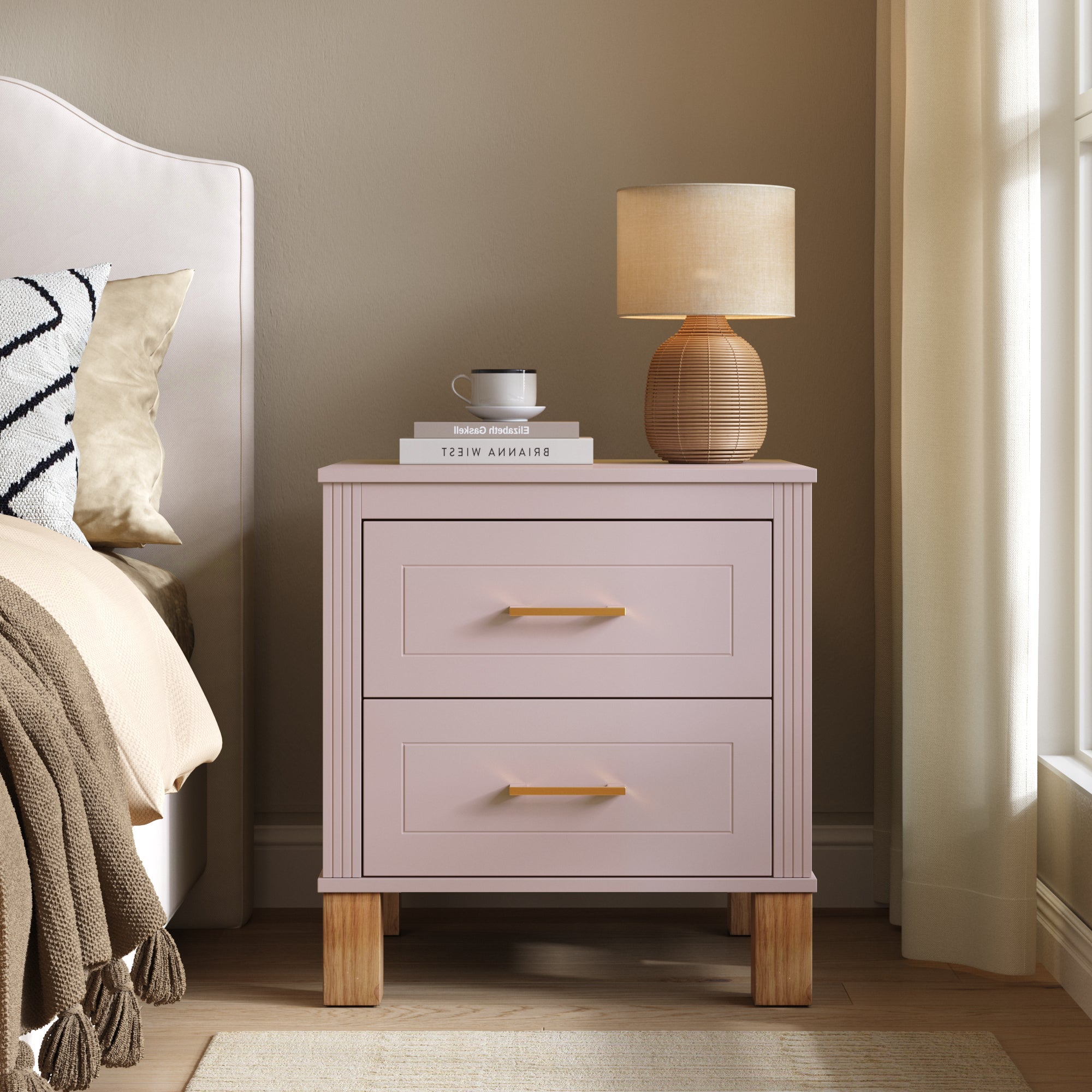 2 Drawer Nightstand, Premium Wood Storage with Elegant Fluted Design, Solid Wood Legs Nightstand with Metal Handle, Tall Bedside Table for Bedroom Living Room, White