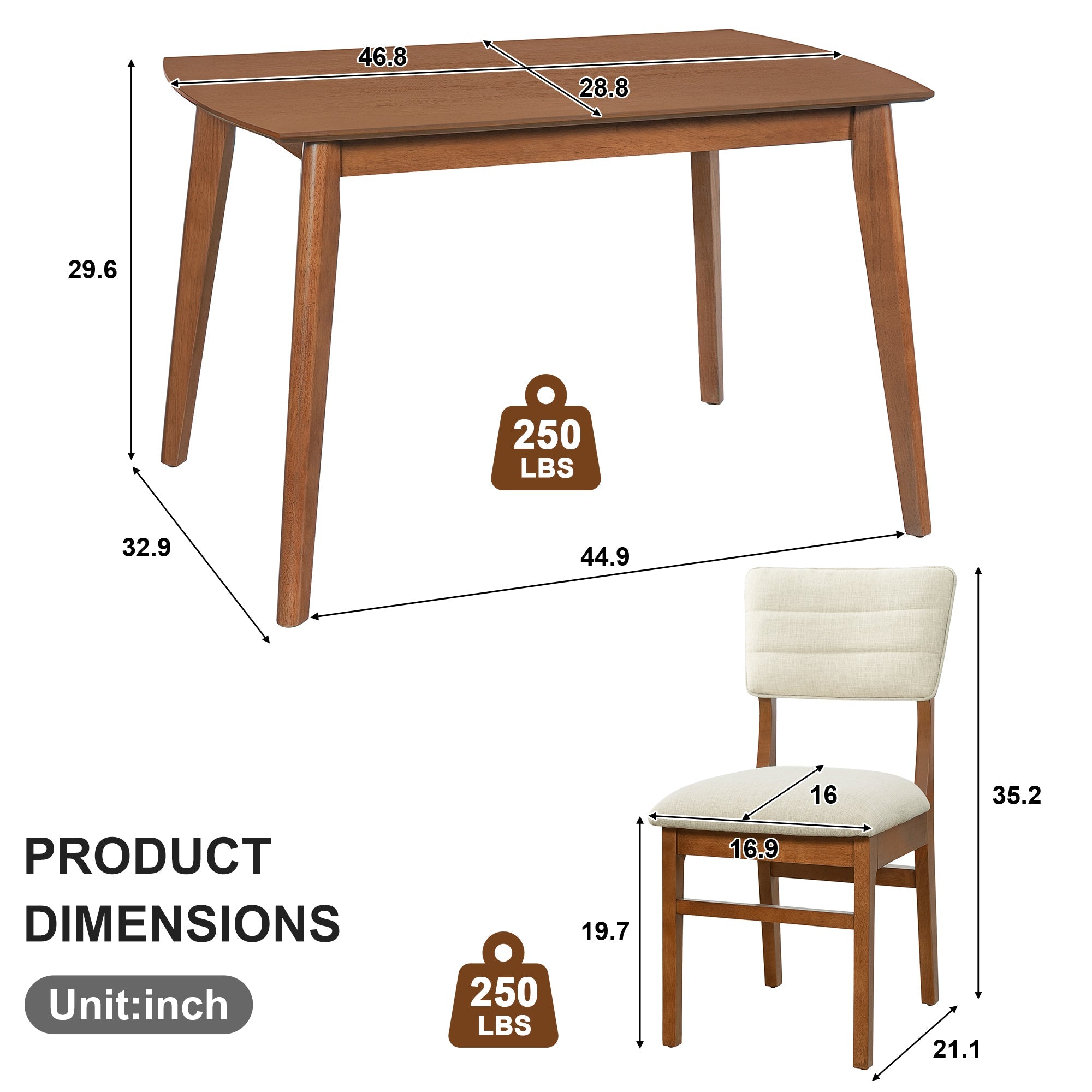 Farmhouse Dining Table Set for 4, Wood Kitchen Table & 4 Upholstered Chairs with Sturdy Rubber Wood Frame, Padded Seat, Curved Backrest, Space-Saving Dinette Set for Dining Room, Brown+Gray