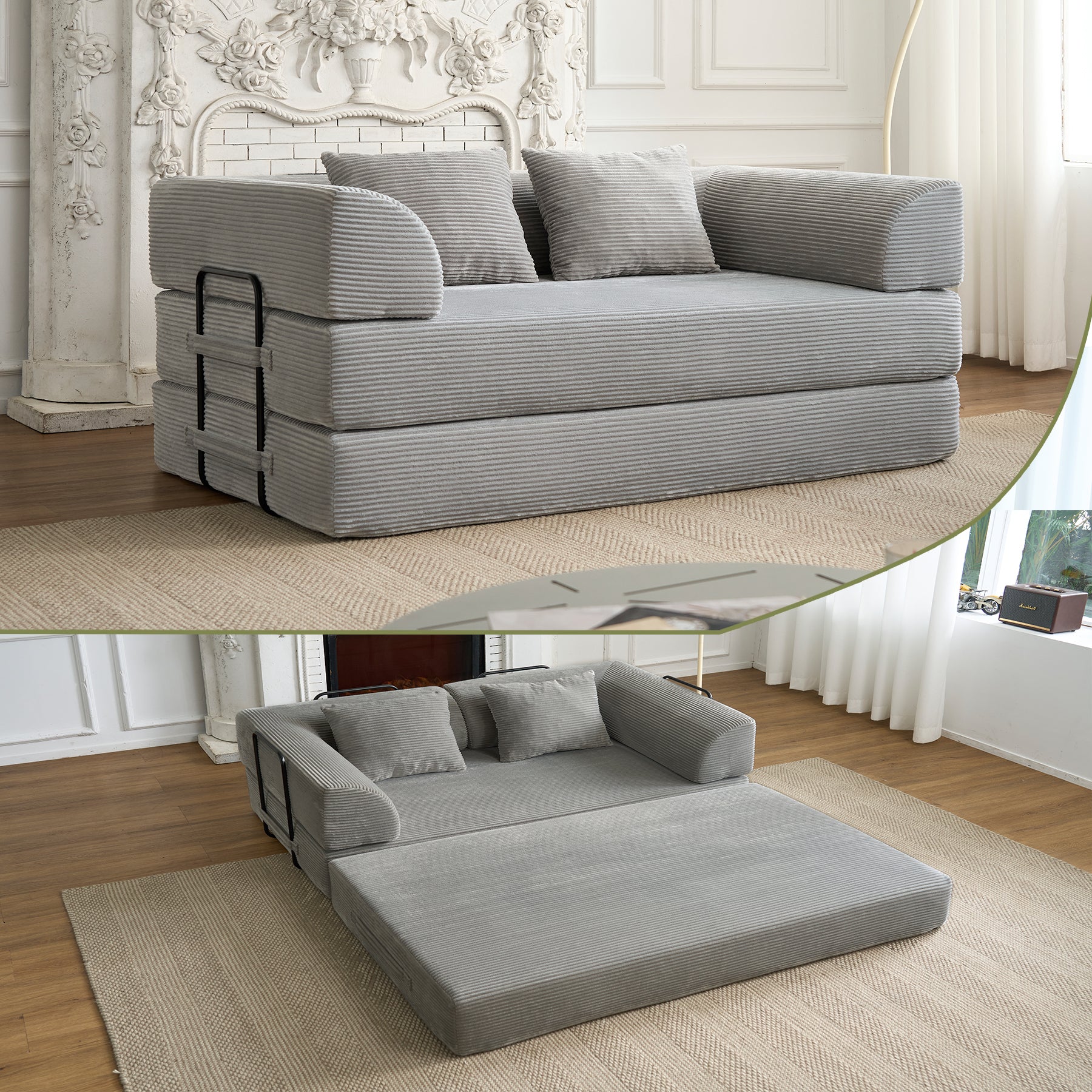 Convertible Sleeper Sofa Bed, Corduroy Folding Mattress Couch with Fixed-Shape Frame, Floor Sofa Lounge Couch Boneless Sofa for Living Room Bedroom, Light Gray