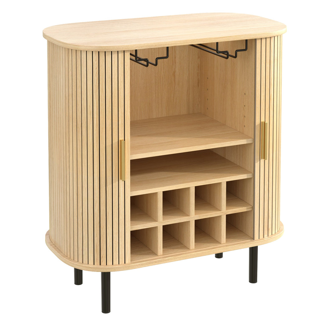 28' Fluted Wine Bar Cabinet with 8-Grid Wine Rack, 5-Level Adjustable Shelves, 2 Glass Holders, Smoothly Sliding Tambour Doors, 4 Hidden Storage Space on the Side, Modern Liquor Coffee Station, Black