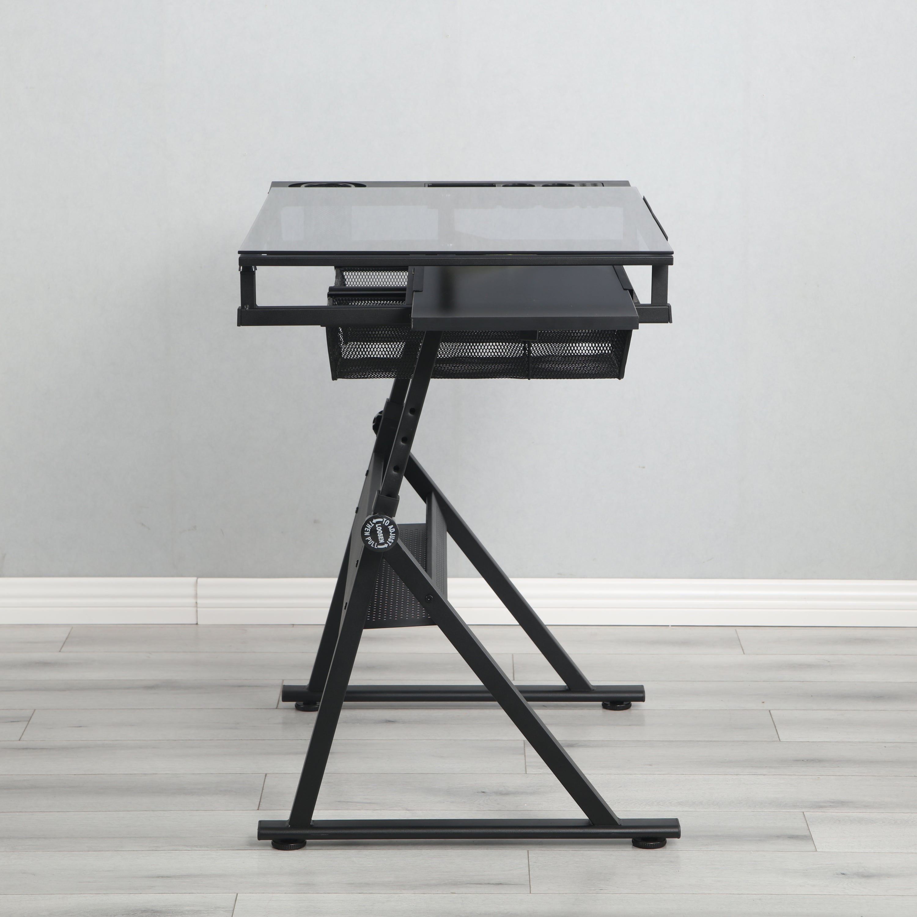Adjustable Glass Drafting Table with Metal Drawers & Stool