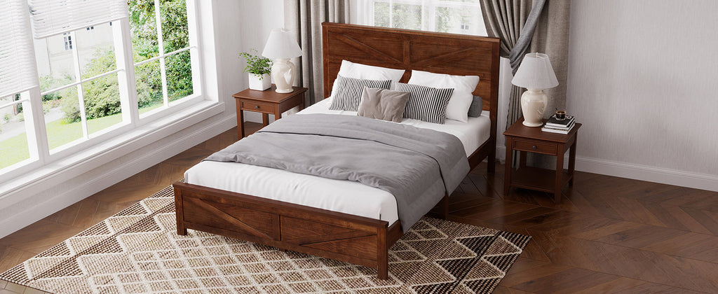 Farmhouse Style Queen Size Bed with Barn Door Designed Headboard and Footboard, Pinewood Bed with Strengthened Bed Frame ,White