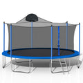 Blue 14-foot trampoline with basketball hoop — front view