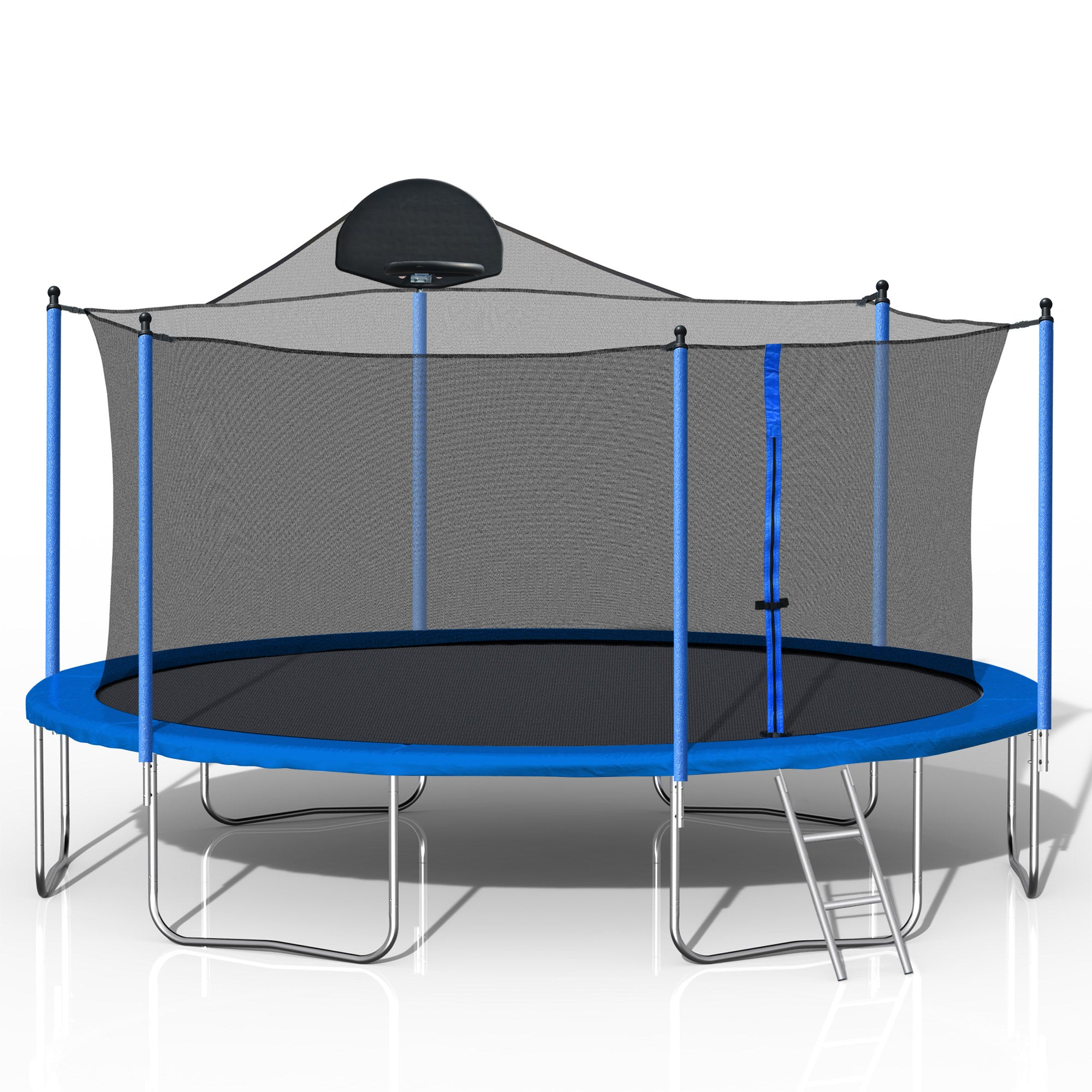 Blue 14-foot trampoline with basketball hoop — front view