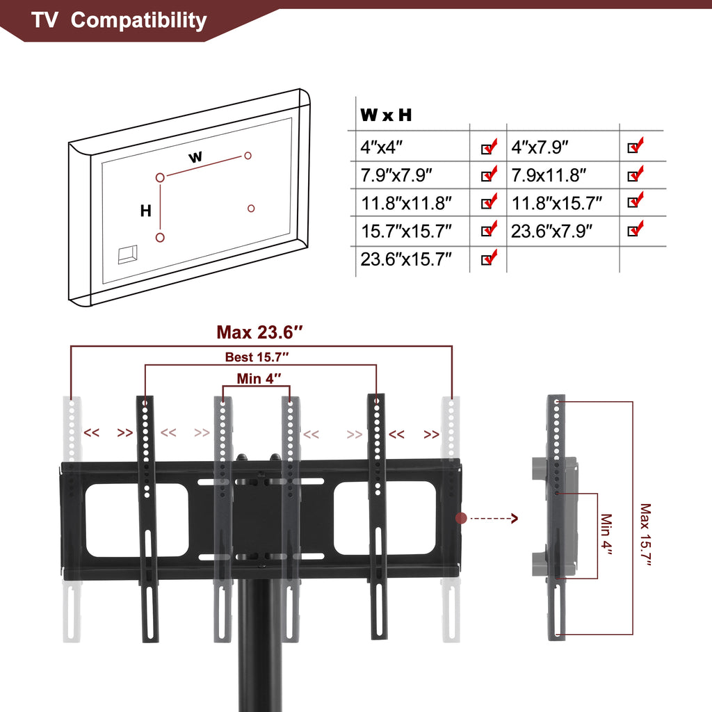 Black floor TV stand glass shelf capacity detail