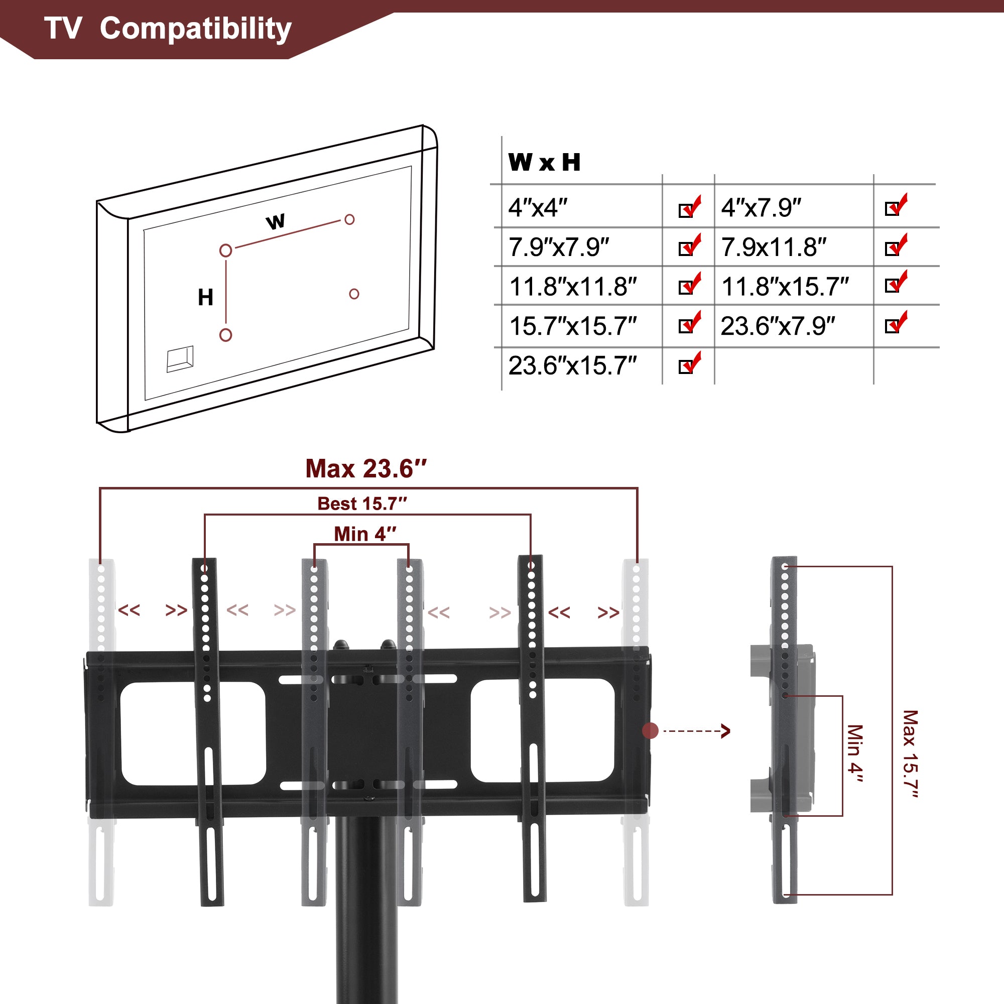 Black floor TV stand glass shelf capacity detail