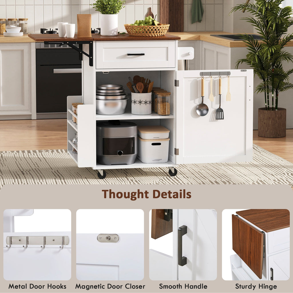 K&K 39.3' Farmhouse Kitchen Island with Drop Leaf, Kitchen Storage Island with Open Side Rack, One Drawer, Towel Rack, Rolling Kitchen Cart with Lockable Wheels for Lawn Garden, Black