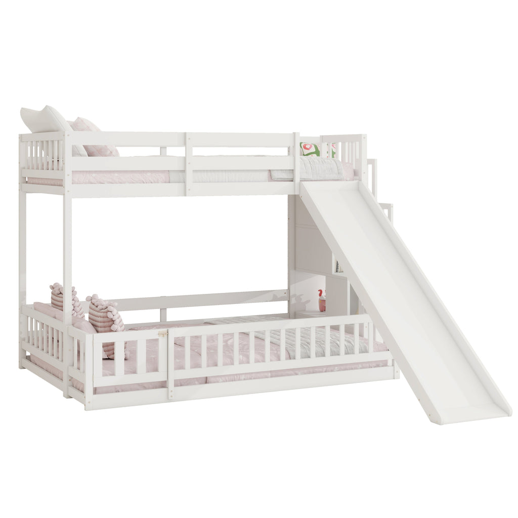 Twin Over Full Bunk Bed with Slide, Storage Staircase, Pine Solid Wooden Bunk Bed with Safety Guardrails ,Grey (Old Sku W504S00184)
