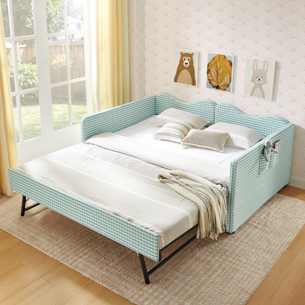 Full‑Size Daybed,Gingham Upholstered Daybed Equipped with Pull-Out Trundle Bed Frame & Side Storage Pocket, Solid Wood Frame Multi-Functional Sofa Bed for Kids Room & Guest Bedroom-PINK