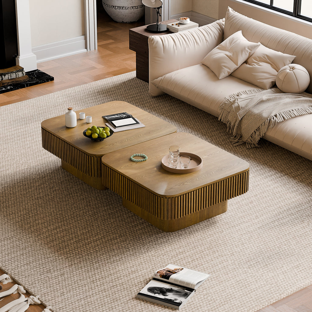 31.5'' Square Coffee Table with Storage Solid Wood Veneered Modern Coffee Table Accent Tea Table for Living Room, Bedroom, Apartment or Office, Natural Wood