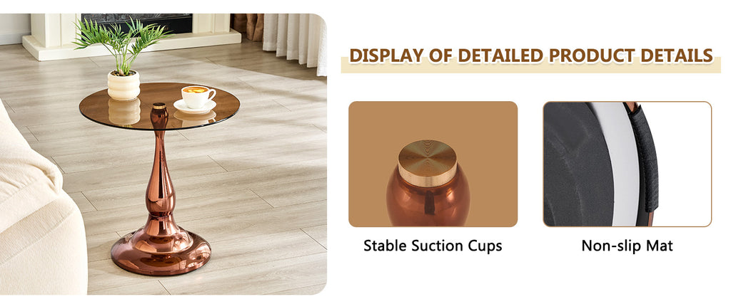 Rose gold metal side table easy-clean glass surface detail