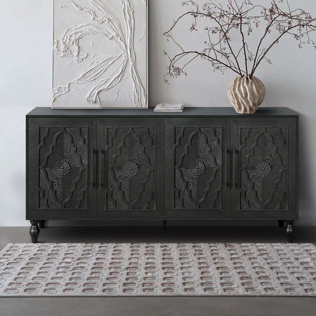 Carved Flower Door Storage Cabinet — Metal Handles