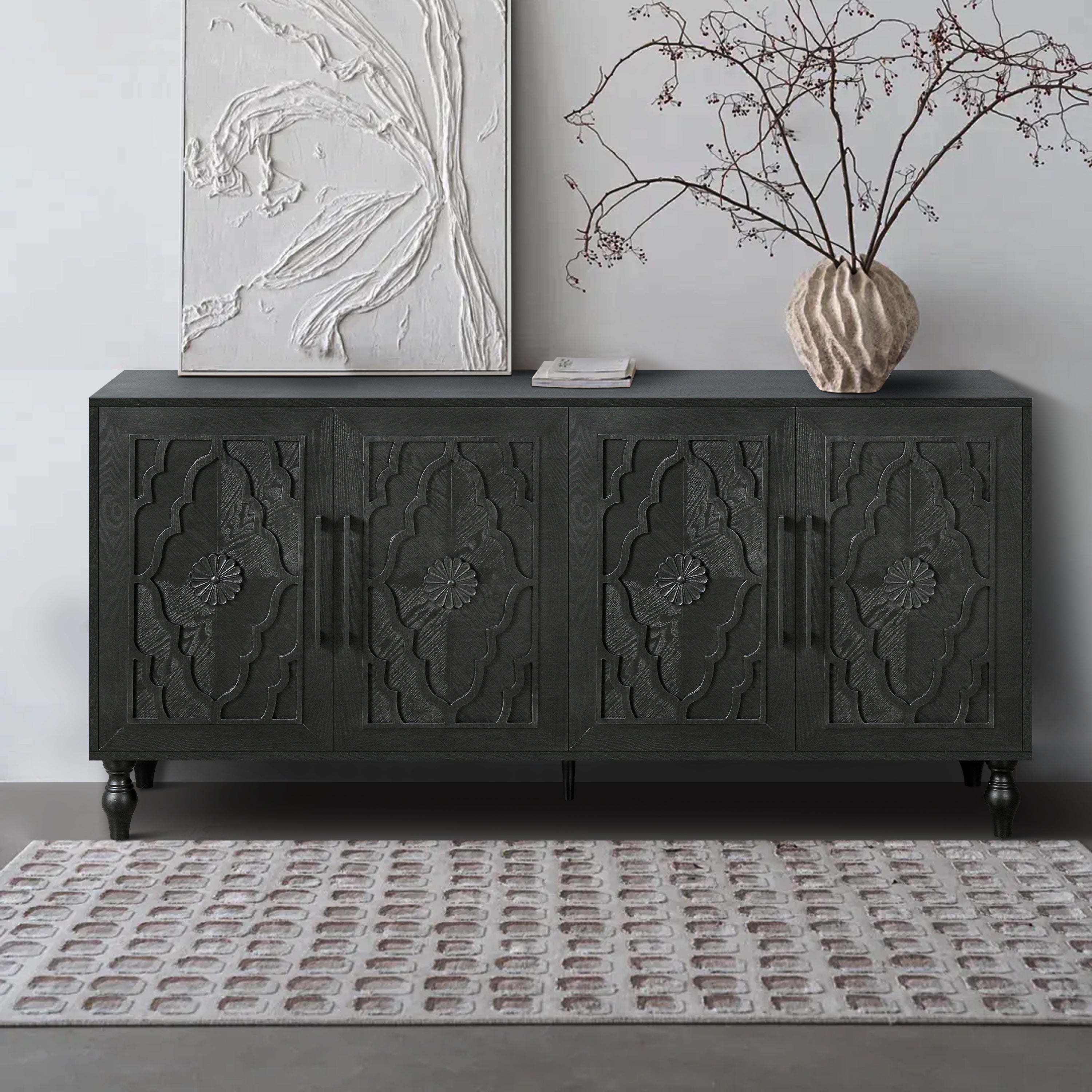 Carved Flower Door Storage Cabinet — Metal Handles