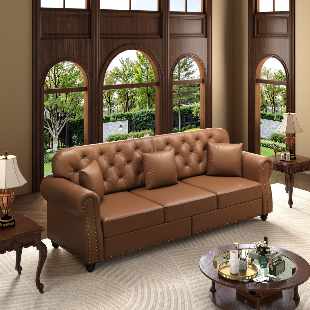 82.6'Upholstered Faux Leather Sofa with Nailhead Trim and Rolled Armrests,Mid-Century Modern Chesterfield Sofa with Button Tufted,Includes 3 Pillows,Black