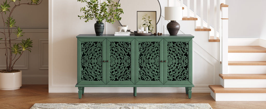 60' Antique Buffet Cabinet with Floral Carvings with Solid Wood Legs&Antique Brass Handles&Adjustable Shelves, TV Stand for 65''+ TV, Sideboard for Living Room,Dining Room (Antique Grey White)