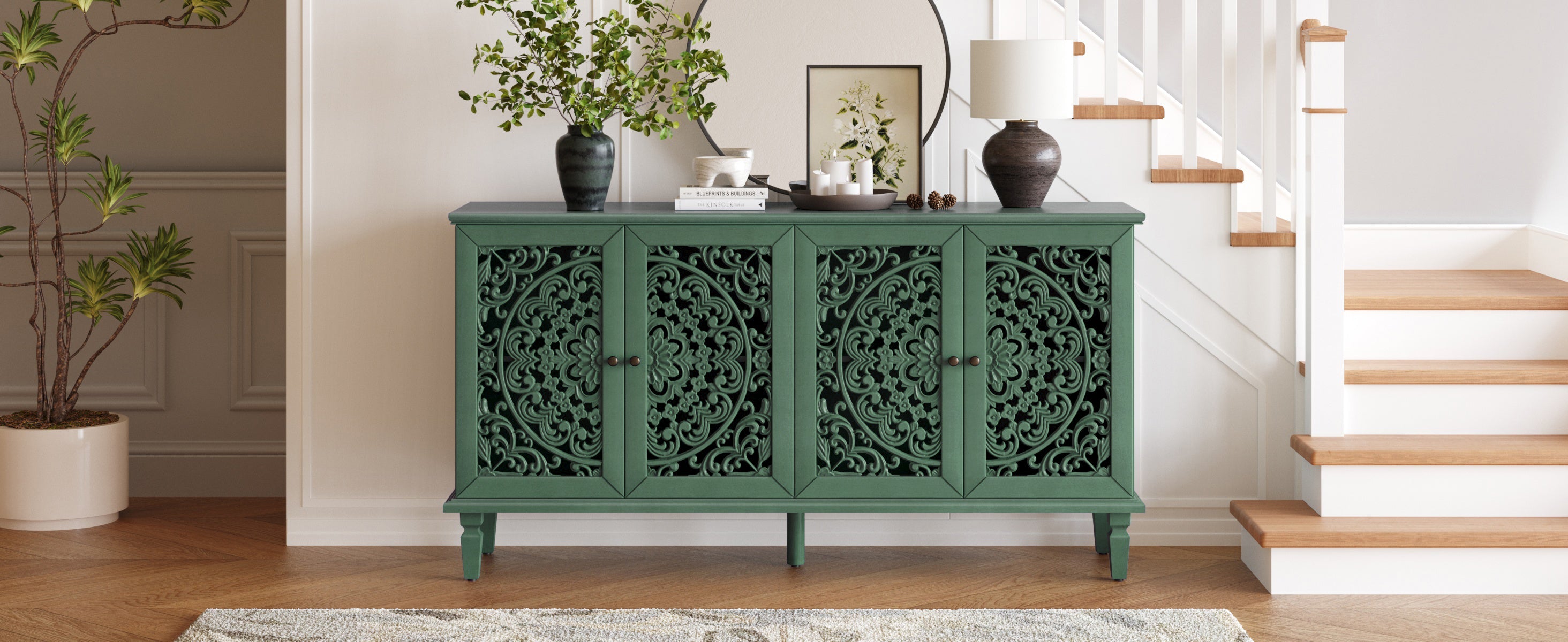 60' Antique Buffet Cabinet with Floral Carvings with Solid Wood Legs&Antique Brass Handles&Adjustable Shelves, TV Stand for 65''+ TV, Sideboard for Living Room,Dining Room (Antique Grey White)