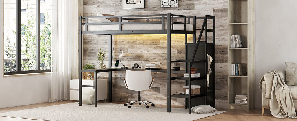 Black Twin XL loft bed with L-shaped desk USB LED and wardrobe — product photo