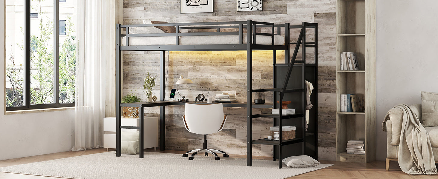 Black Twin XL loft bed with L-shaped desk USB LED and wardrobe — product photo