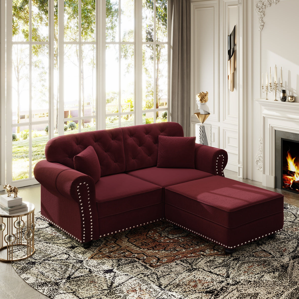 63'Upholstered Velvet Sofa with Nailhead Trim and Rolled Armrests,Mid-Century Modern Chesterfield Sofa with Button Tufted,Includes 2 Pillows,Beige/White