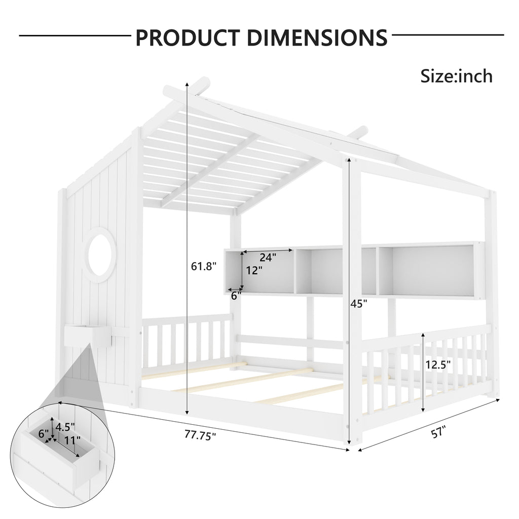 Full Size Floor House Bed for Toddler, Kids Montessori Bed with Storage Shelf, Playhouse Bed with Roof Design, Gray