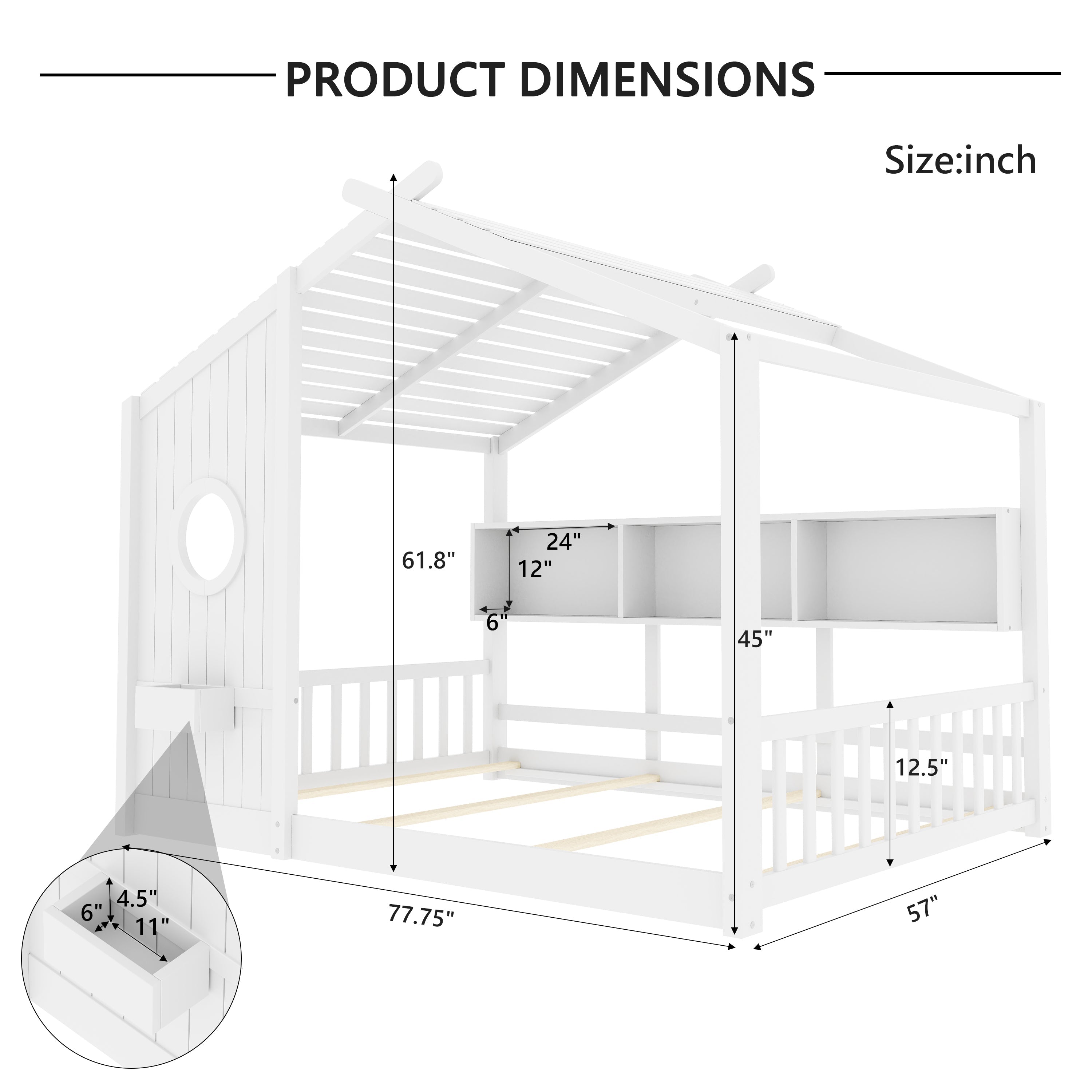 Full Size Floor House Bed for Toddler, Kids Montessori Bed with Storage Shelf, Playhouse Bed with Roof Design, Gray