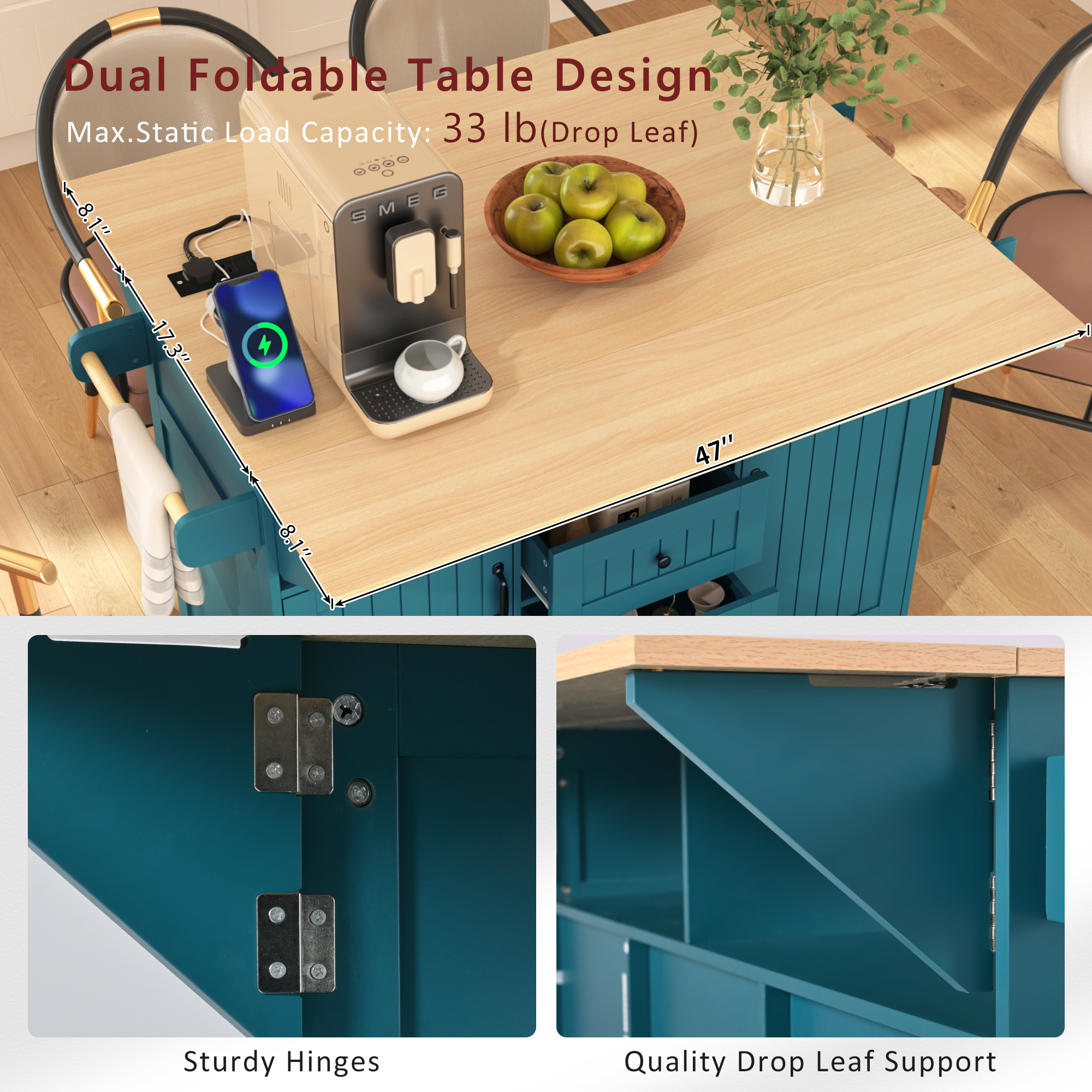K&K 55.7'' Large Kitchen Island with 2 Drop Leaf,, Rolling Kitchen Cart on 5 Wheels with Power Outlet, Folding Storage Dining Table with Spice & Towel Rack , 3 Drawers, for Kitchen, Dining Room,Black
