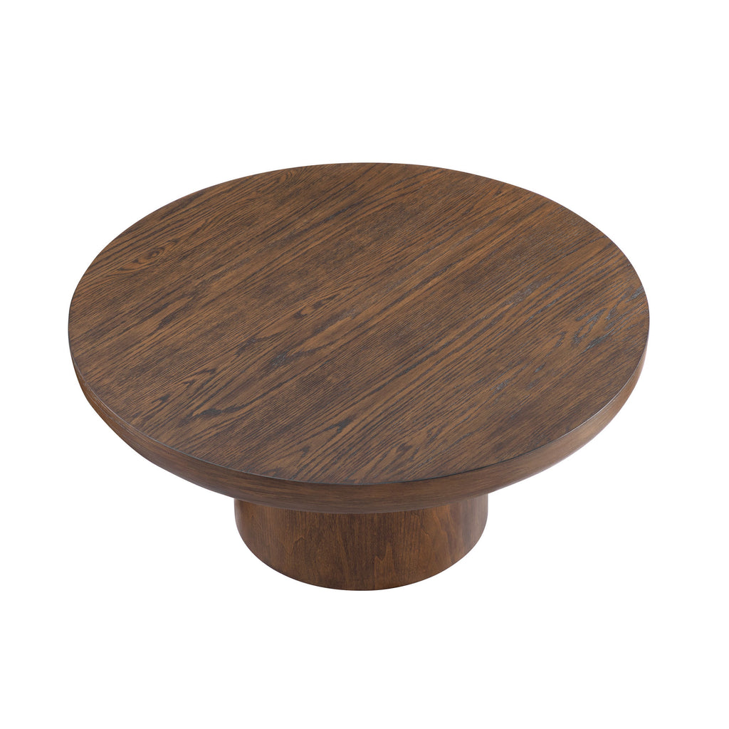 Farmhouse round coffee table natural wood grain finish overview