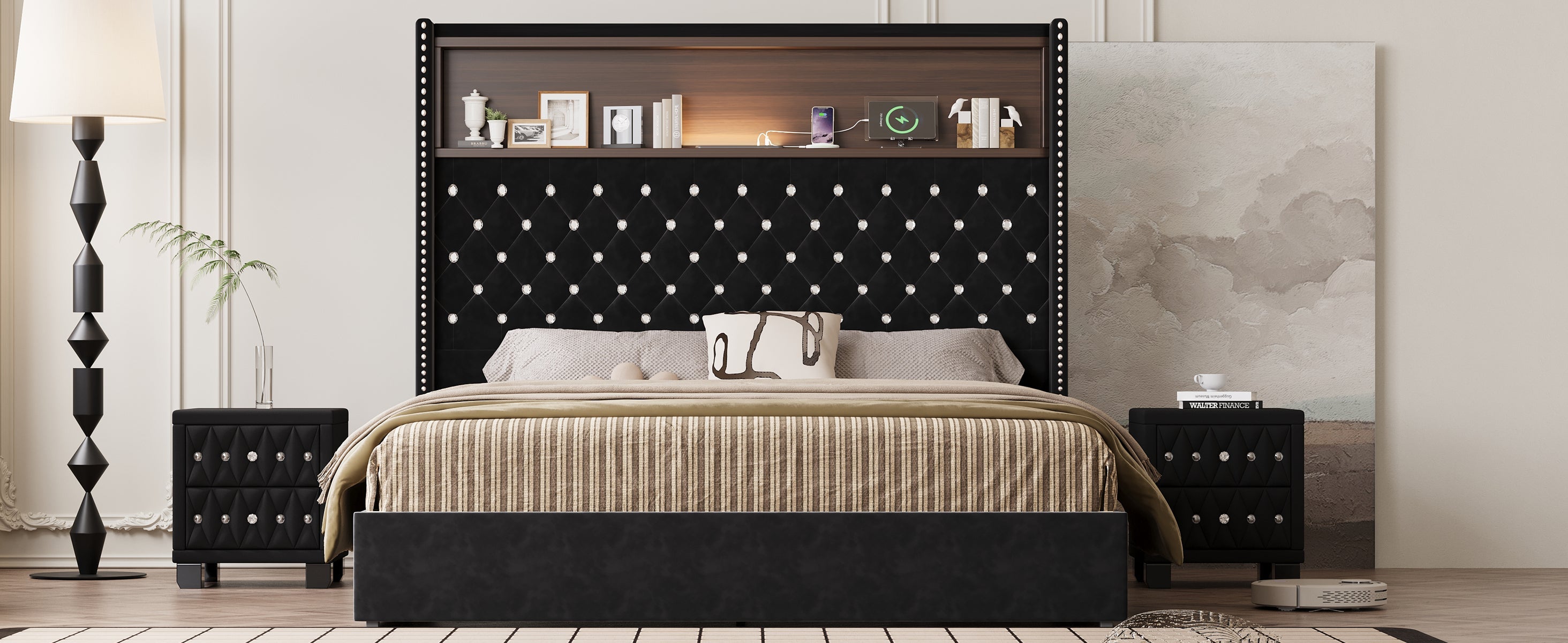 Queen Size Velvet Tufted Soft Bed Frame with USB Port and Night Light,52'' High Headboard with Rivet Decoration, Wing-back Platform Bed with Headboard Shelf, Beige